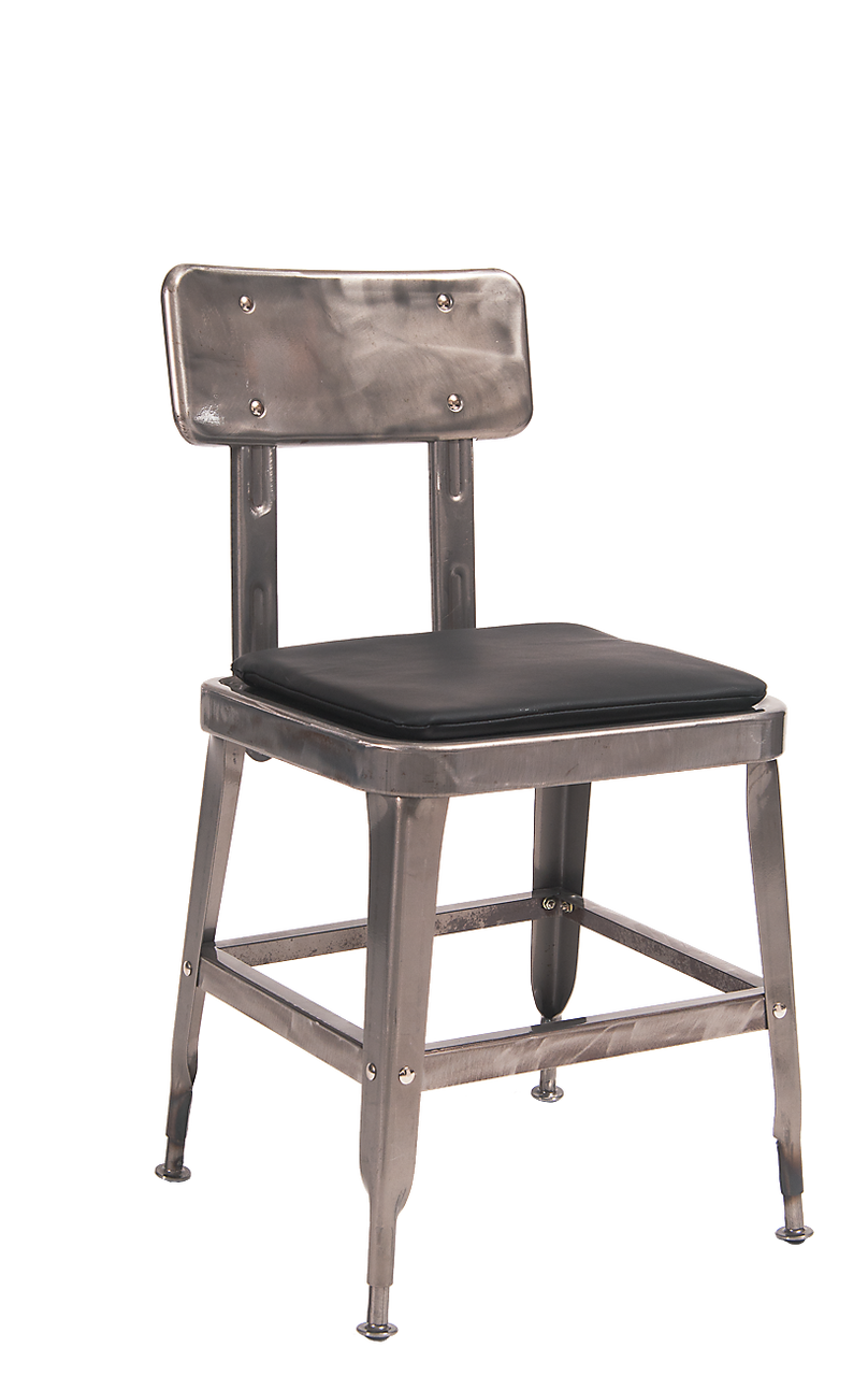 Indoor steel chair with clear-coat finish and black vinyl cushion for your bar, restaurant or home seating area. 