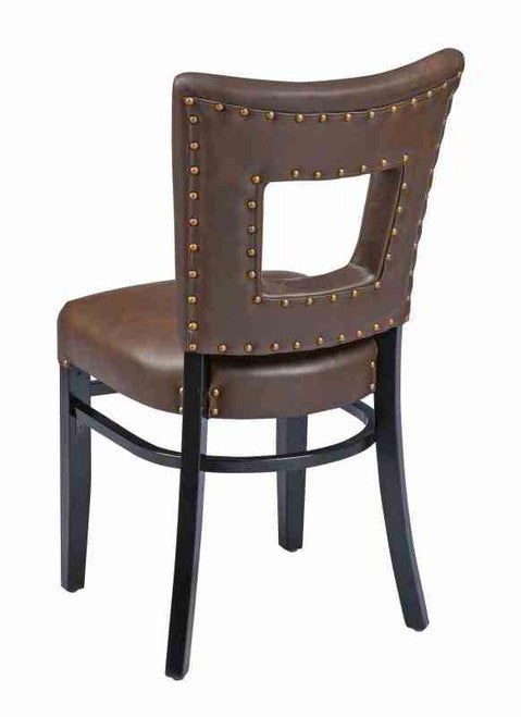 Open Back Upholstered Wood Dining Chair, box style seat with nail head trim (back view)