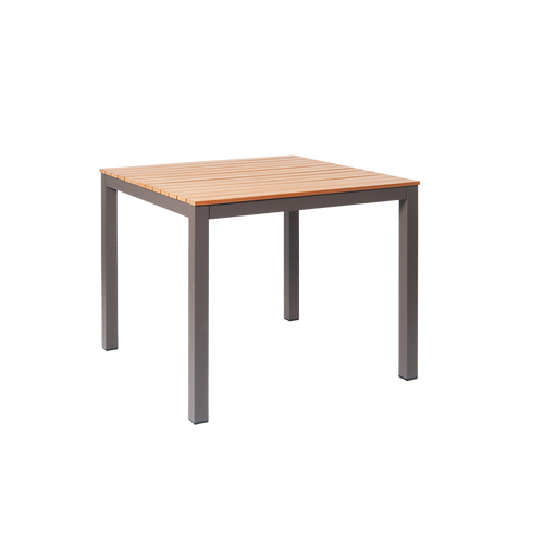 This table is perfect for your home or restaurant patio. Features Include: Table Top Dimensions of 36" x 36", Durable Aluminum Frame for Outdoor Use, and Imitation Teak Slats. Also available in silver color.