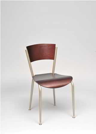 Seats and Stools' Brody Chair shown in chair height, with silver frame and cherry wood seat and back, for home or commercial use. 