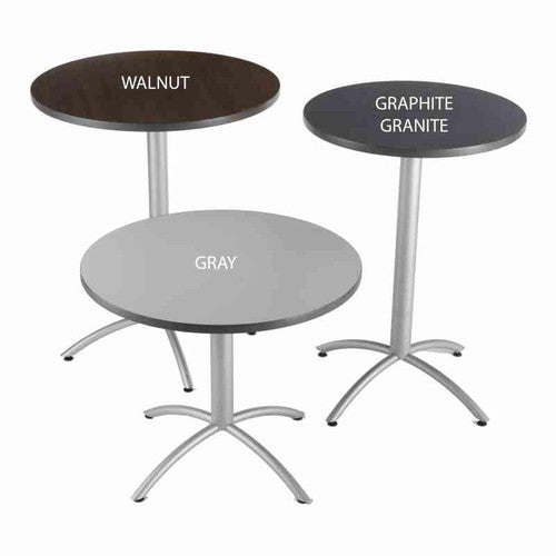 Iceberg CafeWorks Bistro table (pictured round tables in walnut, gray and graphite granite) features:
- Available in three finishes: walnut, gray, and graphite granite
- Three table top shapes: 36" square, 36" round, and 30" round
- 1-1/8" thick, wear resistant melamine top with T-mold edge
- Melamine sealed underside to prevent moisture absorption
- Sturdy all steel base with powder coated silver finish
- Adjustable feet help compensate for uneven flooring 