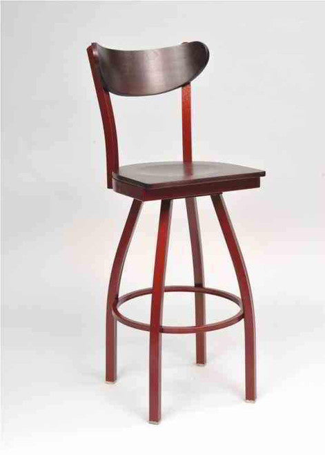 Contoured Metal Chair in 30" swivel motion bar stool base, copper frame finish, walnut wood seat and back. 