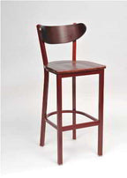 Contoured Combo Chair matching bar stool in cherry wood finish, wood seat, and square base. 