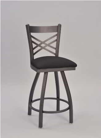 Cross Hatch Metal Chair, pictured as 24" swivel motion bar stool with anodized nickel frame finish and seat upholstered in black fabric. 