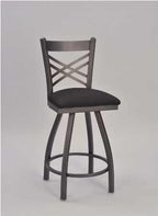 Cross Hatch Metal Chair, pictured as 24" swivel motion bar stool with anodized nickel frame finish and seat upholstered in black fabric. 