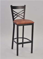 Cross Hatch Metal Chair, pictured as 30" bar stool with anodized nickel frame finish and seat upholstered in saddle vinyl. 