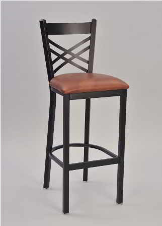 Cross Hatch Metal Chair, pictured as 30" bar stool with anodized nickel frame finish and seat upholstered in saddle vinyl. 