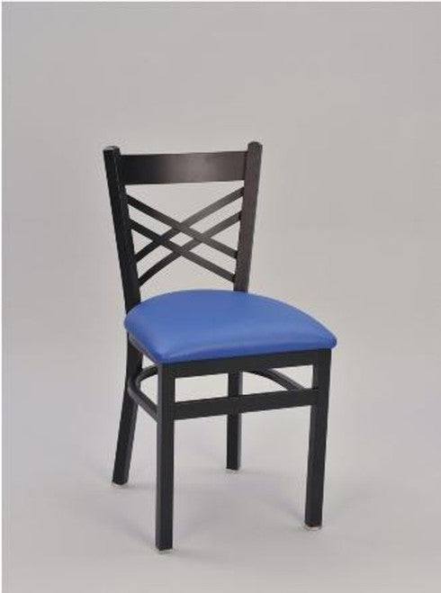 Cross Hatch Metal Chair shown with sandtex black frame finish and seat upholstered in blue vinyl.