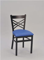 Cross Hatch Metal Chair shown with sandtex black frame finish and seat upholstered in blue vinyl.