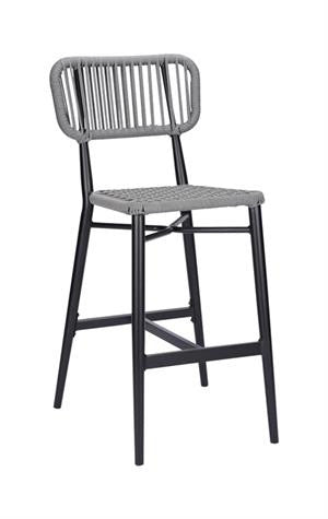 Outdoor Black Aluminum Barstool with Grey Terylene Fabric Seat & Back.  Modern Stylish Outdoor Chair for your Restaurnat patio seating and your backyard.