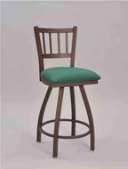 Jailhouse Metal Chair pictured with 24" swivel motion bar stool base, bronze frame finish and seat upholstered in teal vinyl. 