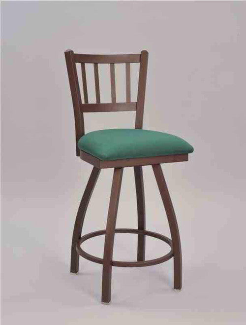 Jailhouse Metal Chair pictured with 24" swivel motion bar stool base, bronze frame finish and seat upholstered in teal vinyl. 