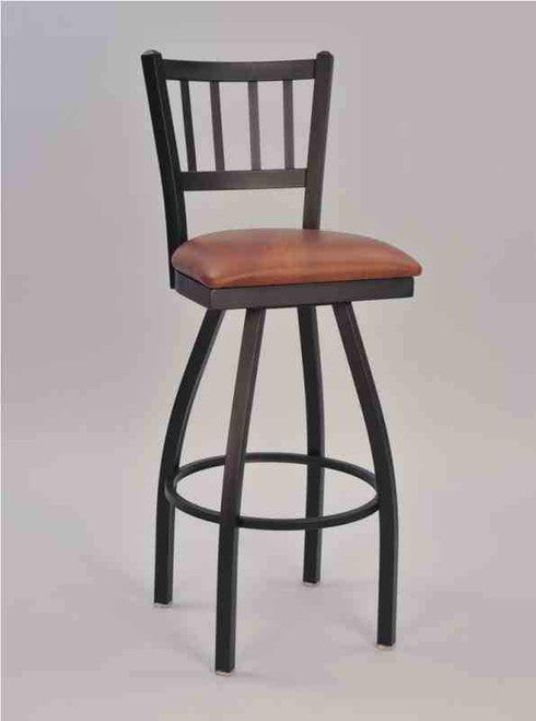 Jailhouse Metal Chair pictured with 30" swivel motion bar stool base, sandtex black frame finish, and seat upholstered in saddle vinyl. 