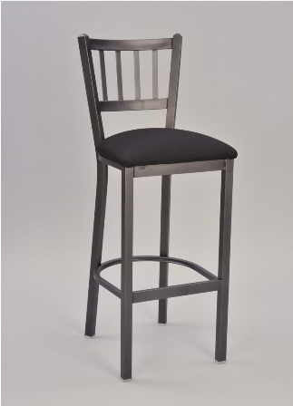 Jailhouse Metal Chair pictured in 30" square bar stool base, silver frame finish, and seat upholstered in black vinyl. 