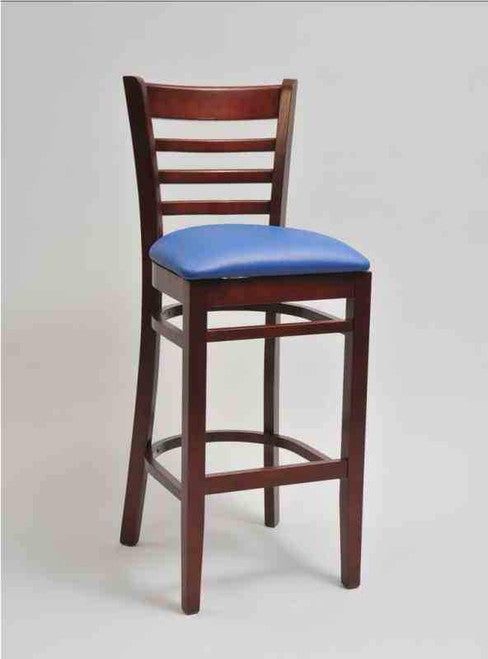 Ladder Back Wood Chair with square bar stool base, cherry wood frame finish, and blue vinyl upholstered seat | Seats and Stools 