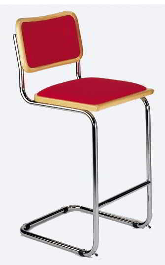 Seats and Stools' Classic Breuer Bar Stool is pictured with upholstered seat and back in red vinyl and honey oak wood insert. 