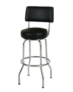 This sturdy 30" Single Ring Retro Style Diner Stool with Back 1 features a chrome finish, 360 degree swivel seat, and 14" or 16" seat size. Pictured in black vinyl. 