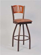 Slot Back Bar Stool in walnut wood finish with upholstered seat. 