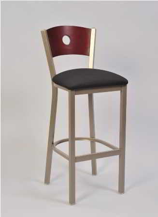 Slot Back Chair, pictured in stool height, with black upholstered seat and Mahogany wood finish back. 