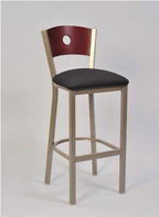 Slot Back Chair, pictured in stool height, with black upholstered seat and Mahogany wood finish back. 