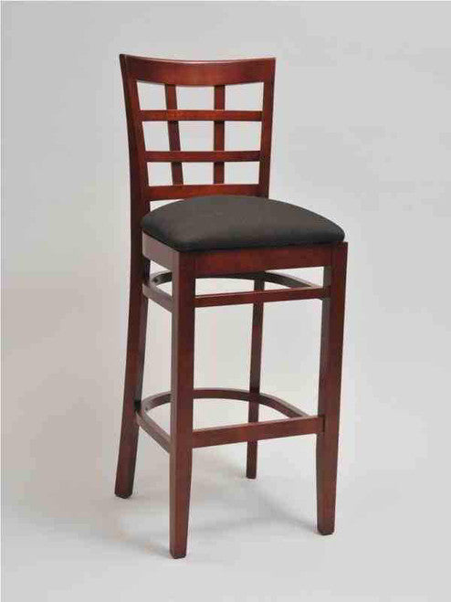 Window Pane Wood Chair with square bar stool base, cherry finish and black vinyl upholstered seat | Seats and Stools 