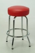 Our Retro Single Ring Bar Stool 1 features a chrome finish, and a round seat with 360 degree swivel. Pictured in red vinyl. 
Options: 
- Fabric, vinyl color selection available for custom upholstery
- Available seat sizes: 14" or 16"