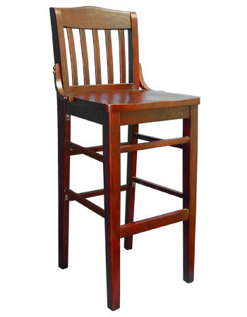 Made from solid beechwood, our Schoolhouse Bar Stool (shown in cherry finish) is built to withstand commercial use. Available in mahogany, cherry or walnut wood finish. Seat height 17". Also available in chair height. 
