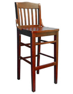 Made from solid beechwood, our Schoolhouse Bar Stool (shown in cherry finish) is built to withstand commercial use. Available in mahogany, cherry or walnut wood finish. Seat height 17". Also available in chair height. 