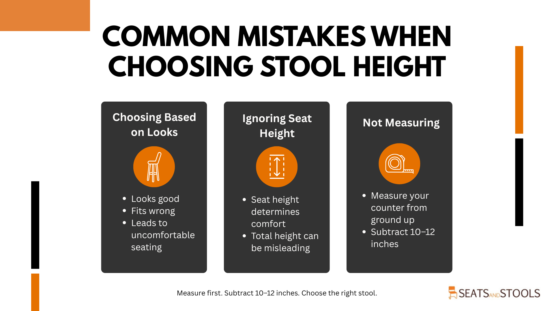 Common mistakes when choosing stool height Infographic showing three common mistakes when choosing stool height: picking by looks, ignoring seat height, and not measuring.